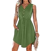 MISFAY Womens Summer Dress Sleeveless Casual Loose Swing Dresses V-Neck Drawstring Waist Mini Dresses with Pockets