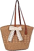 KIKFNWIG Straw Bag, Straw Tote Bags for Women Summer Shoulder Handbags Woven Beach Bag Rattan Purse Contains Fake Flowers for DIY