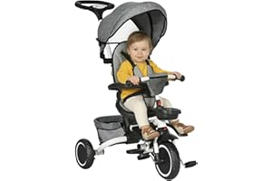 Aosom Tricycle for Toddler 6-in-1 Kids Trike, Foldable Converts Stroller to Baby Push Bike, Adjustable Backrest with Detachab