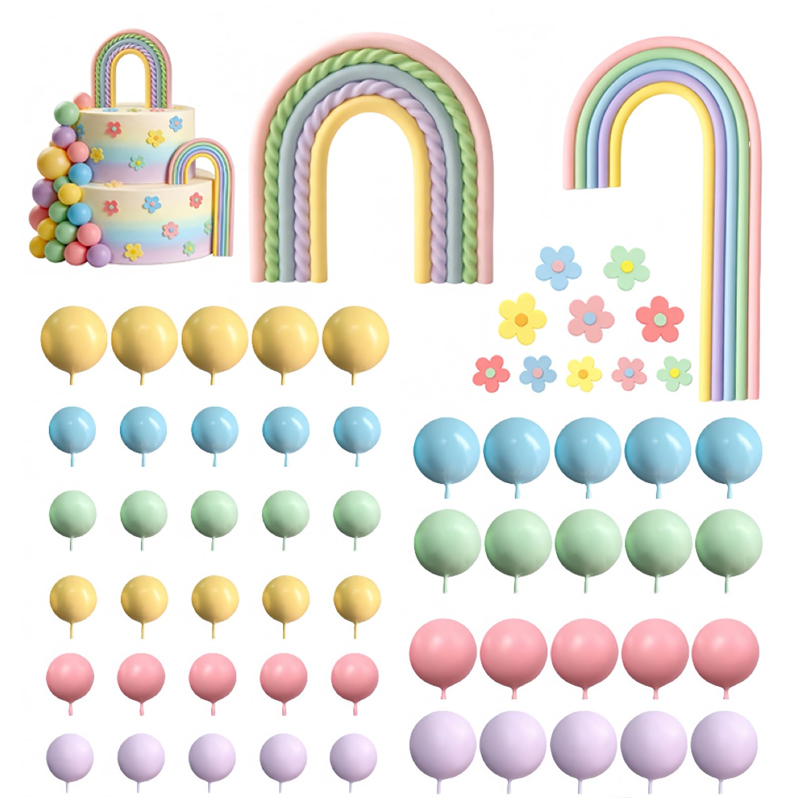 62 Pcs Rainbow Cake Decorations, Rainbow Cake Topper, with Pastel Cake Balls and Balloon Cake Topper, Cake Decorations for Birthday Party, Baby Shower, Unicorn Theme Celebrations