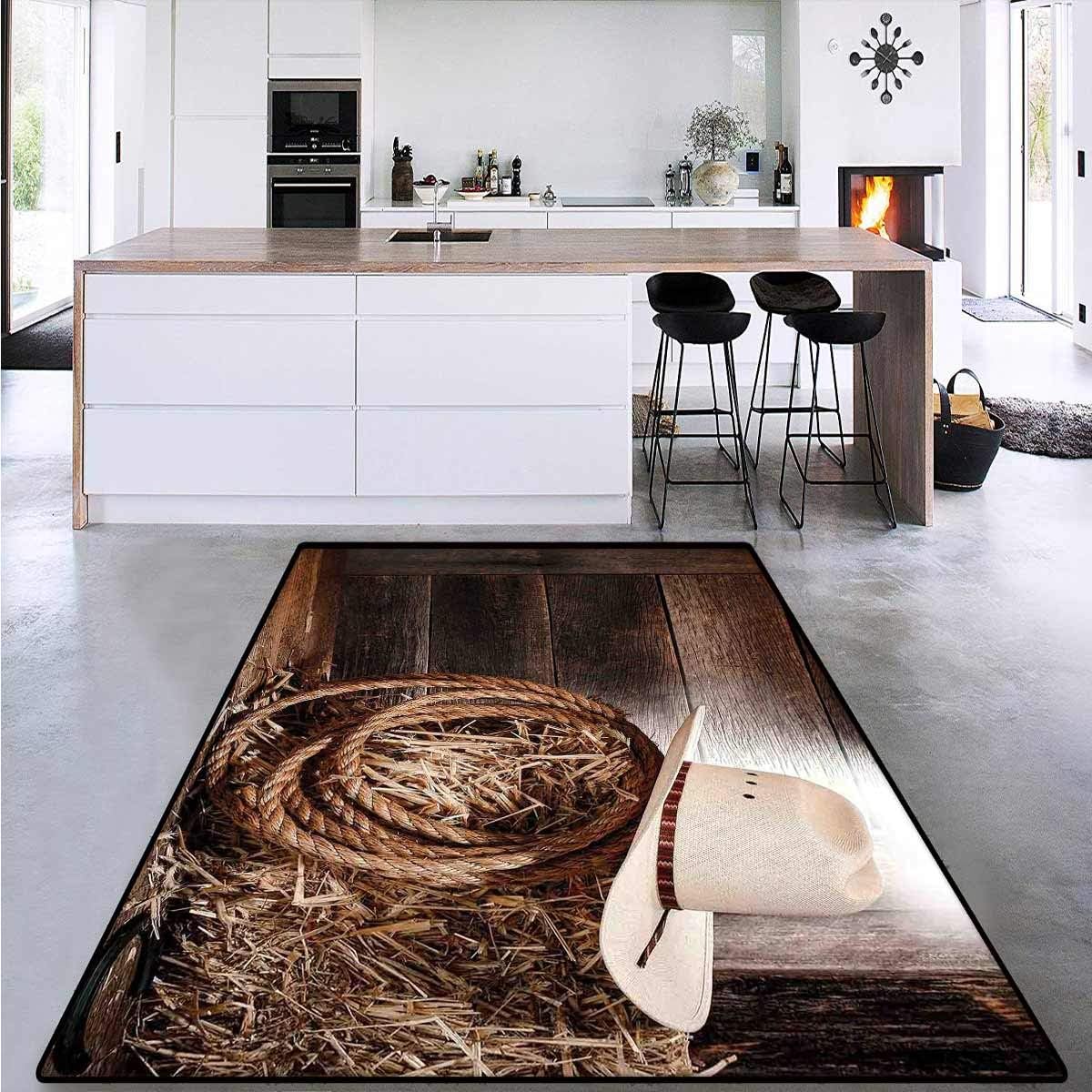 Western, Customize Door Mats for Home Mat, American West Rodeo Hat with Traditional Ranching Robe on Wooden Ground Folk Art Photo, Area Rug Door Mat 4'7" x 5'4" Brown Beige