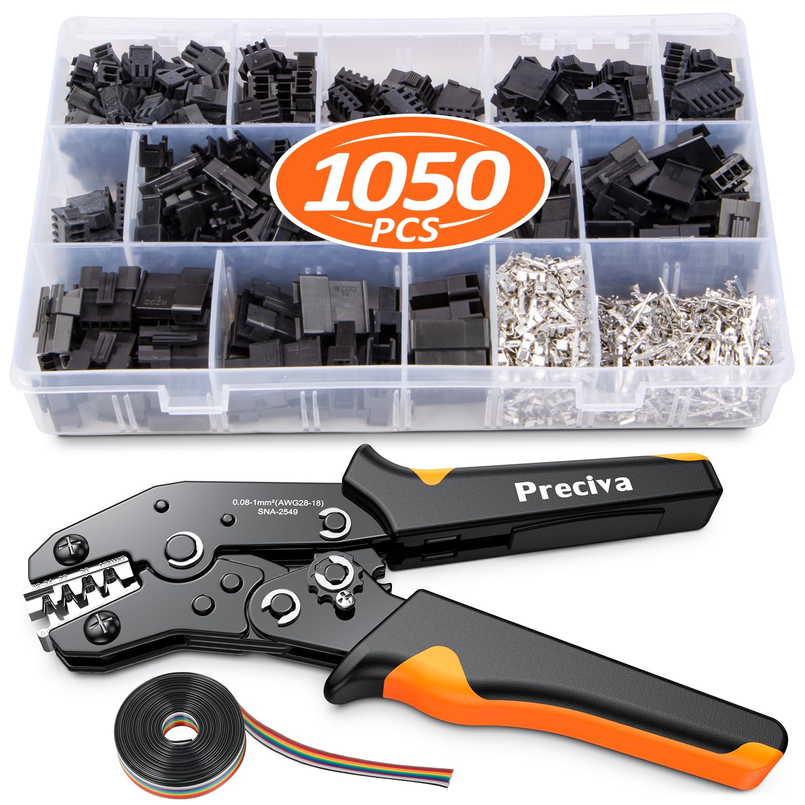 Preciva Wire Crimping Tool Connector kit, 1050Pcs JST-SM Connectors Set, AWG28-18/0.08-1mm² Ratcheting Crimper Tool for Dopont, Molex, ATX, JST Series