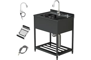 DONIKS Stainless Steel Utility Sink, 30.8" × 22" × 39.5"Freestanding Sink with Cold and Hot Water Faucet,Hoses and Drain Kit for Kitchens, Bathrooms, Garage, Laundry Room