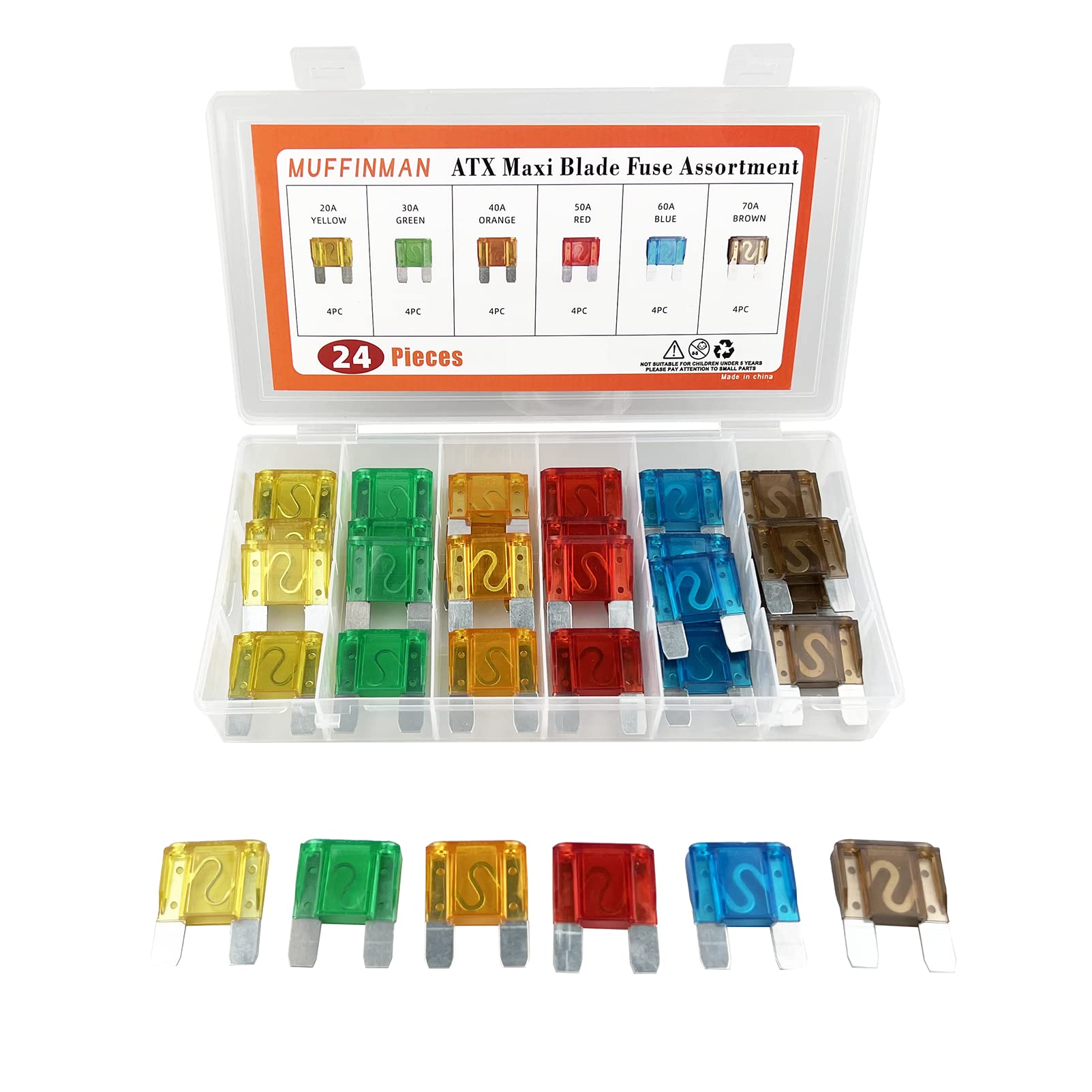 Swordfish 51120 ATX Maxi Blade Fuse Assortment – 24 Piece Set, 6 Sizes, Clear Storage Case With ID Chart