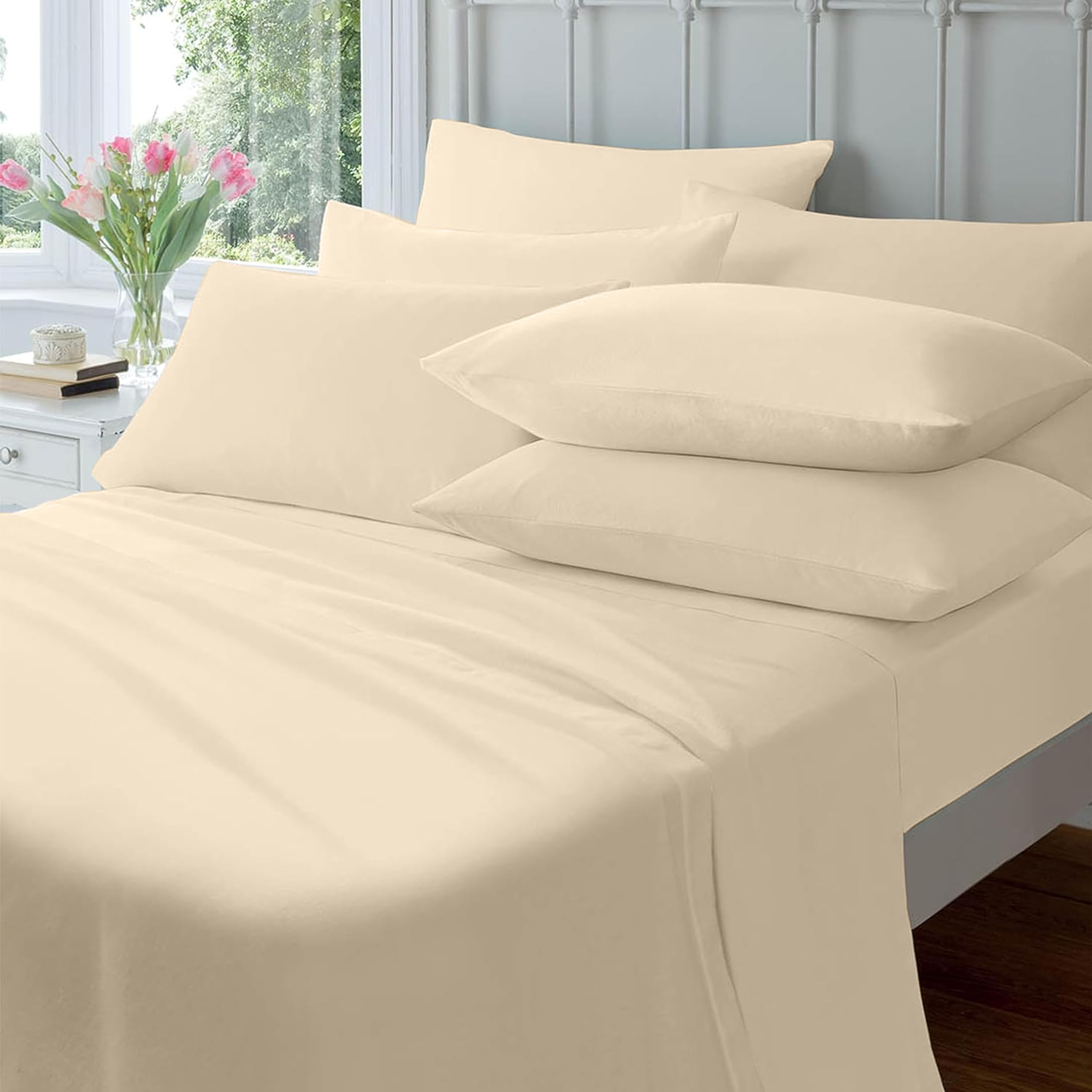 OLIVIA ROCCO Flannelette Fitted Sheets Super Soft Brushed Cotton Bed Sheet Thermal Warm Cosy Breathable Hypoallergenic Extra Deep Luxury Bedding, CREAM SINGLE
