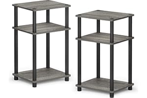Furinno Just 3-Tier Turn-N-Tube End Table / Side Table / Night Stand / Bedside Table with Plastic Poles, 2-Pack, French Oak Grey/Black