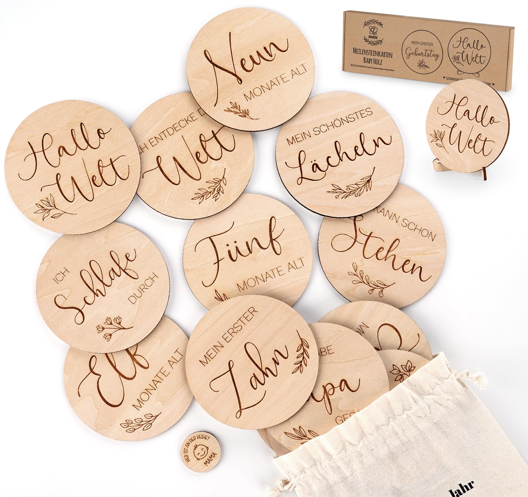 Wooden Milestone Cards Baby in German 30 Important Moments on Selected Basswood Including Practical Stand, Gifts for Birth & Baby Shower for Pregnant Women, Expectant Mothers & Parents