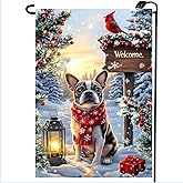 Merry Christmas Garden Flag 12x18 Double Sided, Small Burlap Holiday Welcome Snow Boston Terrier Dog Garden Flags Winter Christmas Outdoor Yard Decorations Porch Lawn Flags for Outside