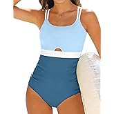 Qaoerde Girls Swimsuit One Piece Bathing Suit Color Block Waist Cutout Double Thin Shoulder Straps Swimwear 9-16Y