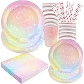 Recheel Pastel Birthday Party Supplies Decorations, Rainbow Theme Birthday Paper Plates and Napkins Set with Cups and Straws for 24 Guests, 120 Pcs Disposable Party Dessert Dinnerwares