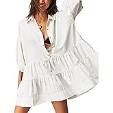 Zontroldy Women's Oversized Casual Collared Babydoll Mini Dresses Puff Sleeve A-line Tiered Shirt Tunic Dress