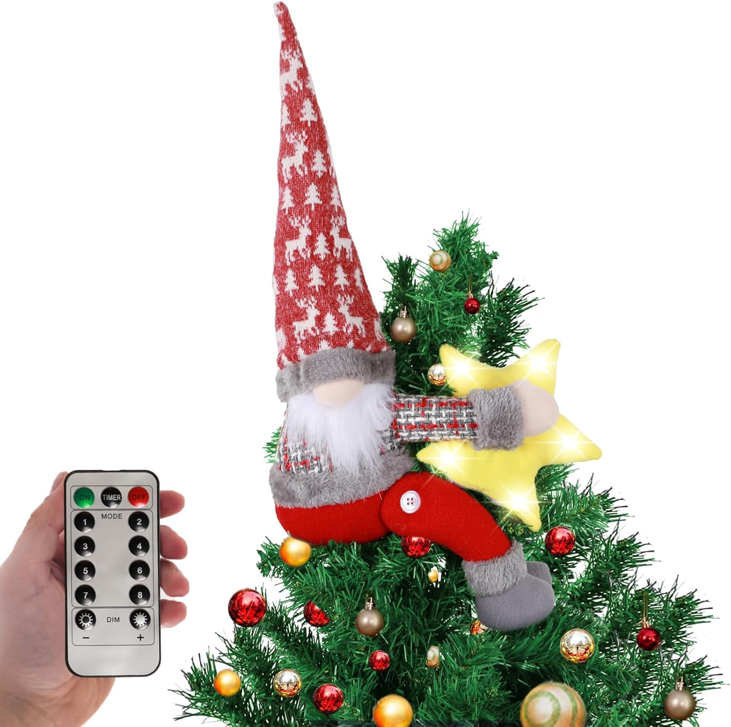 Tree Toppers - Christmas Tree Topper Gnome Decorations with Lights,21.7 Inches Handmade Embrace Christmas Tree Gnome with Lighted Star，Christmas Home Decor Curtain Tie Wine Bottle Decoration (Red Hat)