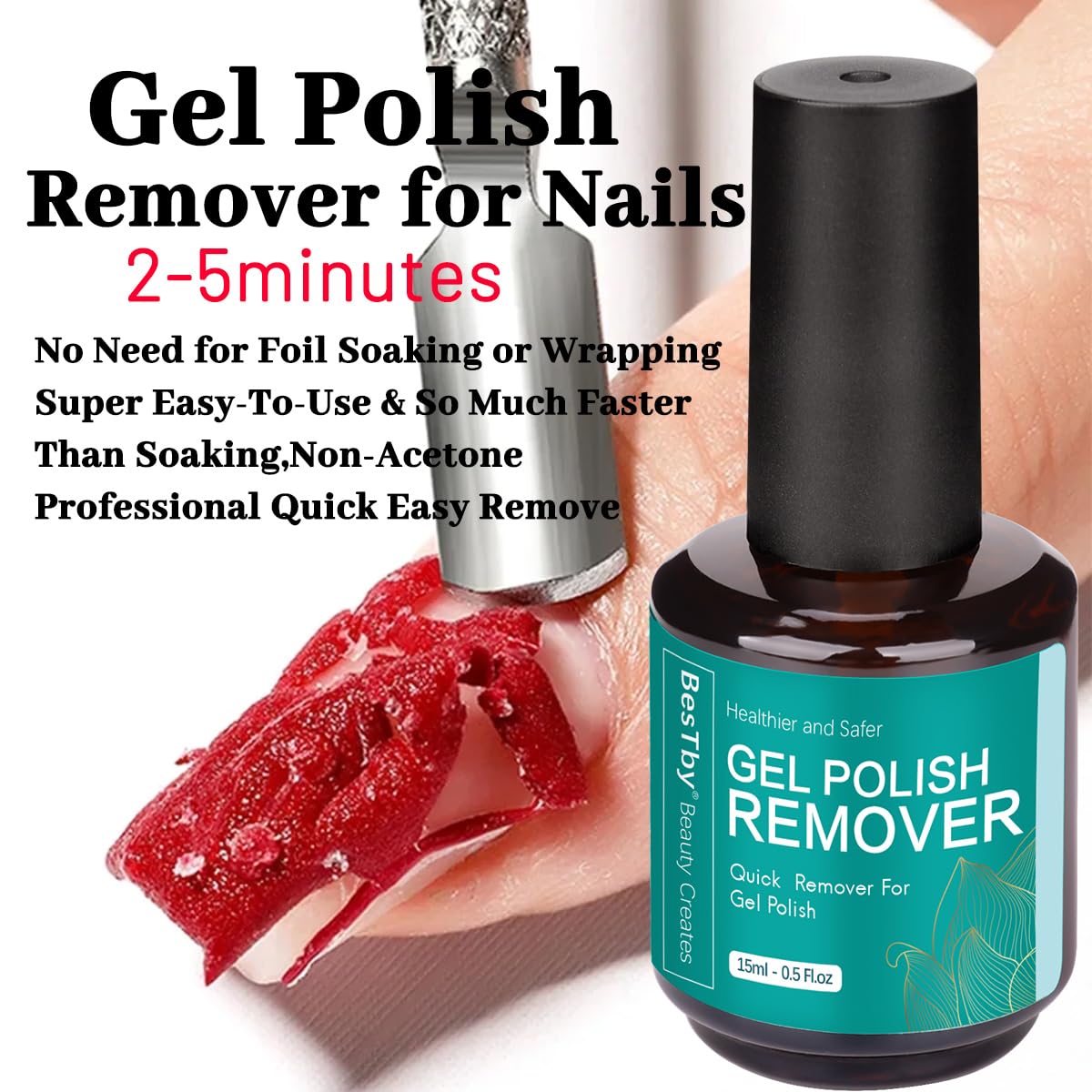 BesTby Gel Nail Polish Remover - Gel Polish Remover for Gel Nails Professional 2-5 Minute, with Cuticle Pusher and Scraper Nail File Tools, Easy and Quick Remove Gel Polish at Home - Image 2