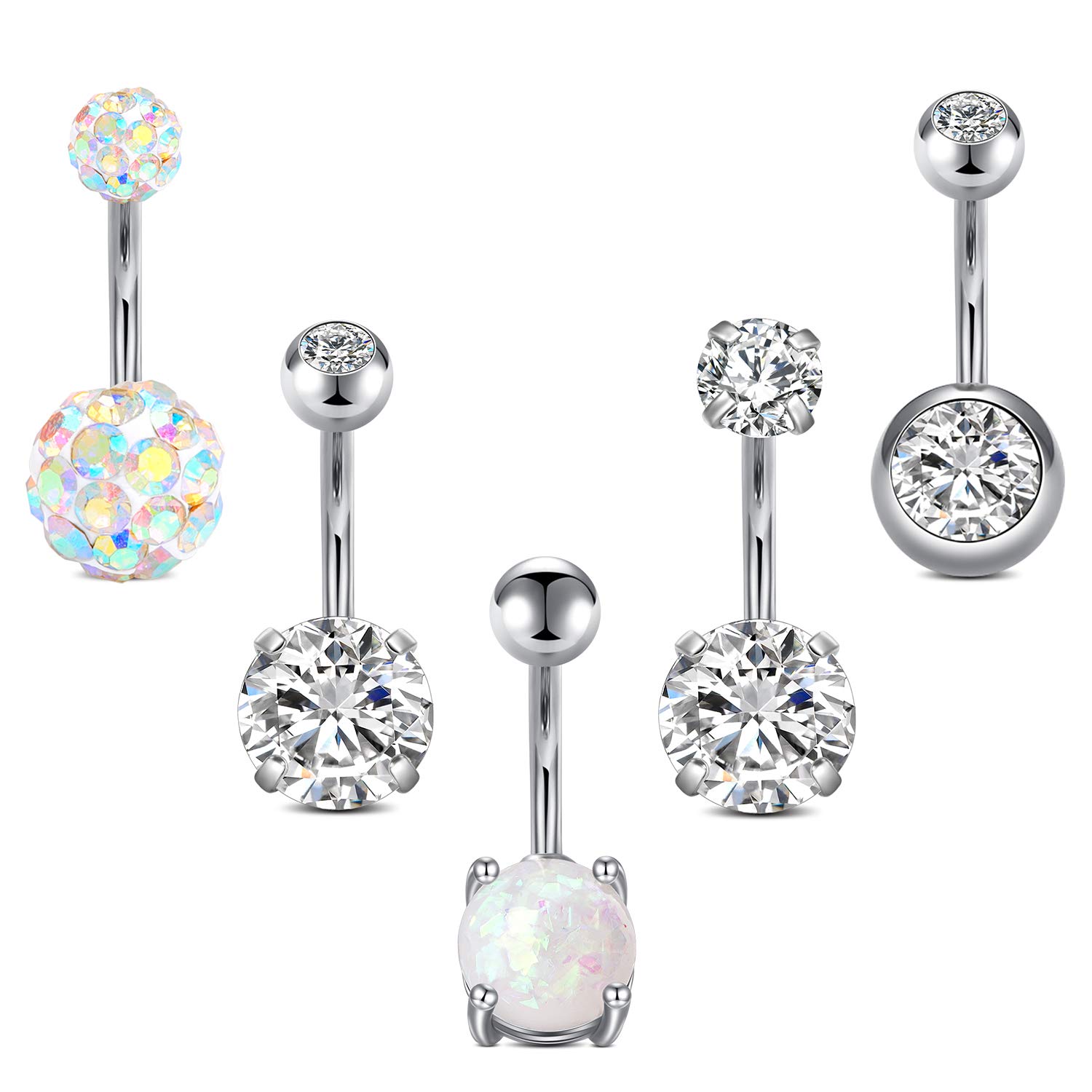AceFun Belly Bar 14g 5Pcs Belly Rings Surgical Stainless Steel Opal CZ Navel Piercing Jewelry for Women Girls Silver 10mm