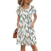 OFEEFAN Womens Summer Dresses 2026 Tulip Petal Short Sleeve V Neck Loose Swing Sundresses with Pockets Plain/Print