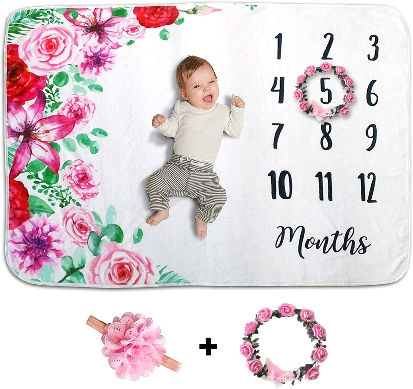 Monthly Baby Milestone Blanket Girl - Floral Wreath & Headband - for Newborn Girl or Boy Photography - Made of 100% Organic Ultra Soft Fleece for Baby Pictures