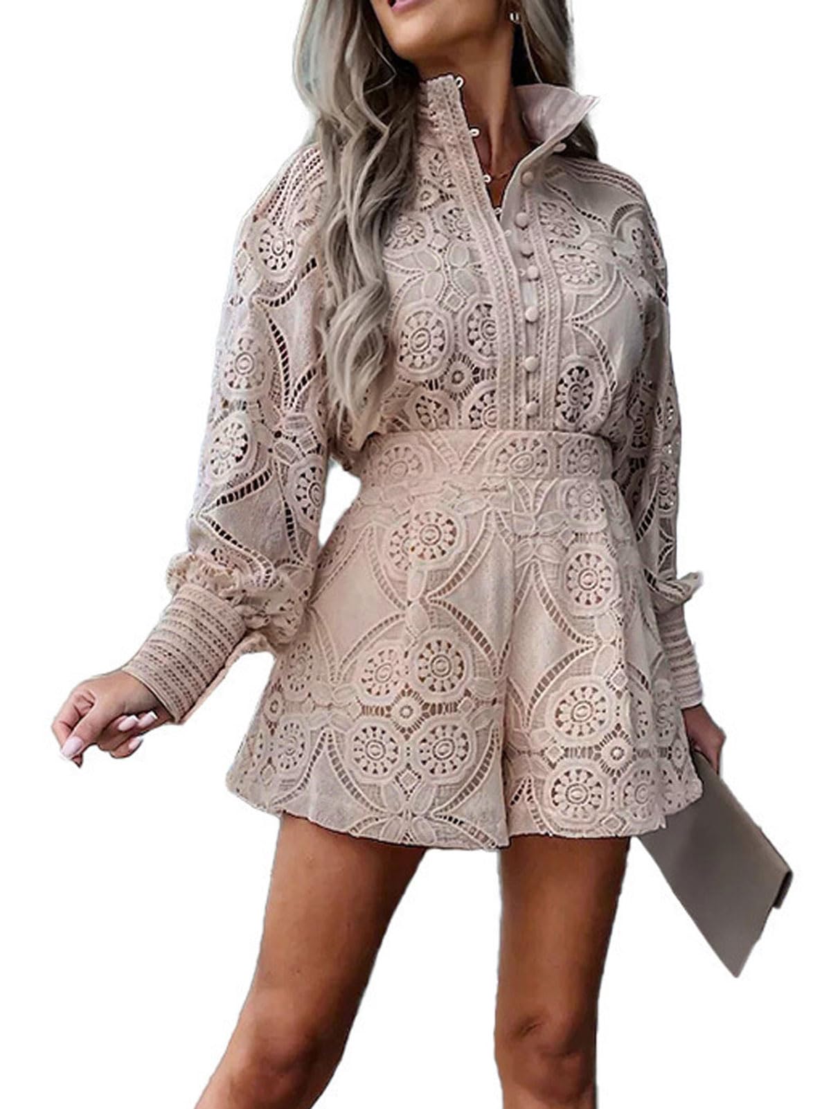 Photo 1 of utcoco Womens 2025 Summer Eyelet Lace Two Piece Patterned Long Sleeve Tops Shorts Set (X-Large, Apricot)