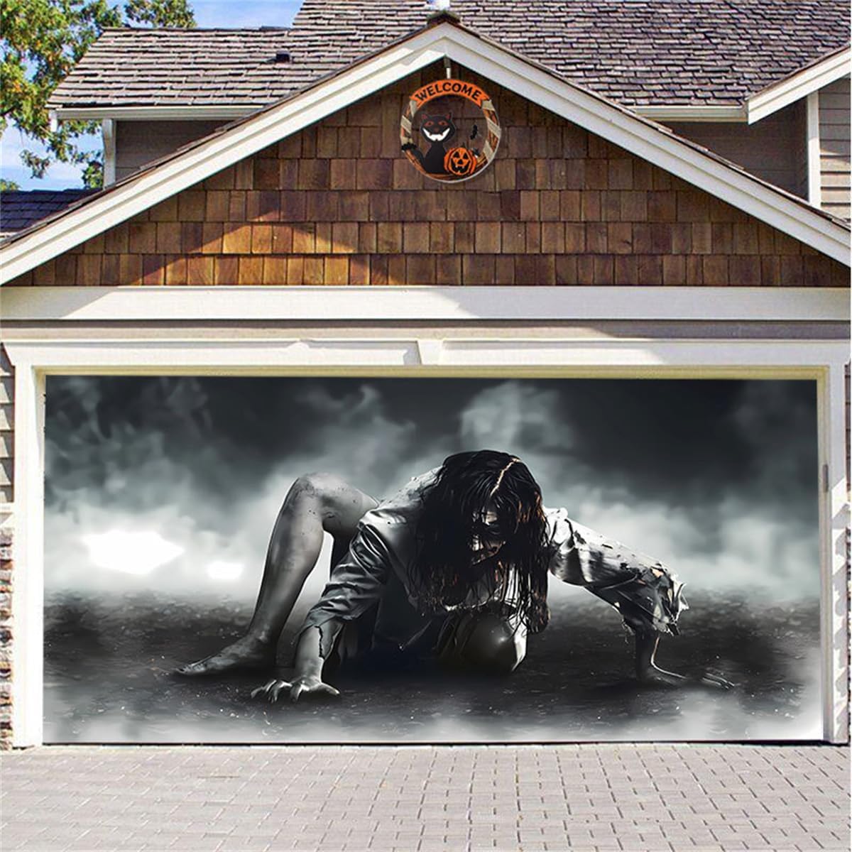 Garage Door Decorations - 7 x 16 ft Happy Halloween Large Garage Door Banner Ghost Skeleton Pumpkin Garage Door Decoration Holiday Door Cover Hanging Banners for Room Window Outdoor Indoor Home Yard Party Decor (WS086)