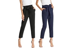 GRACE KARIN 2 Pack Women's Pants Elastic High Waist Belted Casual Pencil Dressy Paper Bag Pants with Pocket