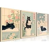 Funny Bathroom Wall Art Set of 3, Japanese Cute Black Cat Wall Decor Paintings, Rustic Animal Pictures Canvas Prints Home Decor for Bathroom Toilet, 12x16 inch Framed
