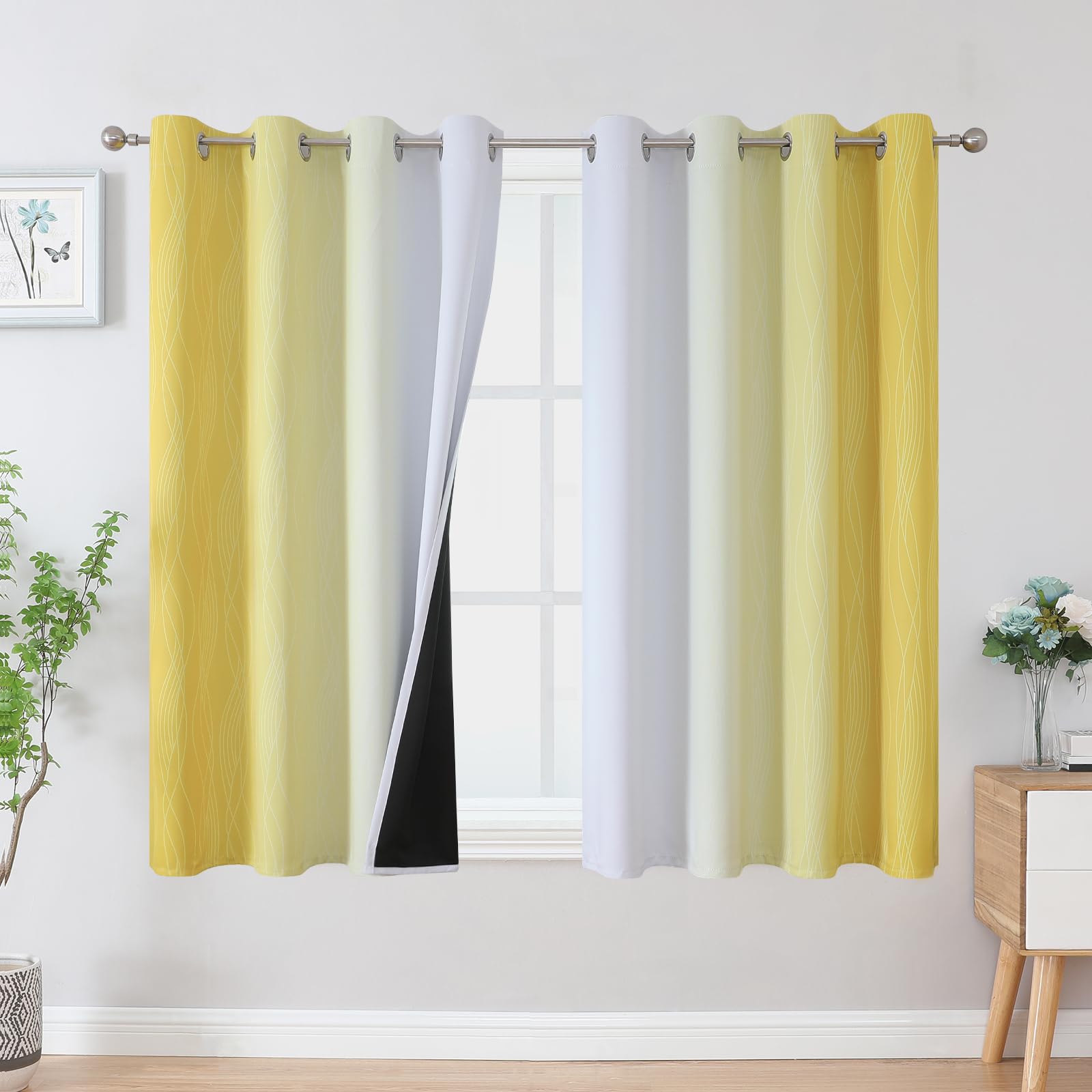 VEHEDE Blackout Wave Curtains for Living Room, Noise Reducing Eyelet Gradient Drapes for Bedroom, Ombre Energy Saving Short Curtains for Kitchen, W52 x L54 Inch, Yellow and Greyish White, 2 Panels — image 1