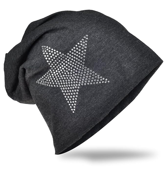 Jersey Slouch Beanie Long Mütze Stern mit Strass Applikation Unisex Unifarbe Herren Damen Trend