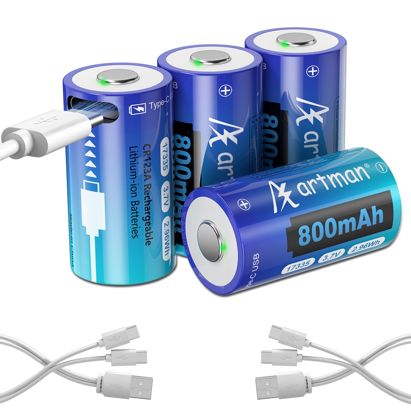 Photo 1 of Artman CR123A 3V Lithium Battery 800mAh 4 Pack, USB-C CR123A Rechargeable Batteries CR17345 Battery Compatible with Arlo Cameras VMC3030 VMK3200 VMS3330 3430 3530, Flashlight Microphone
