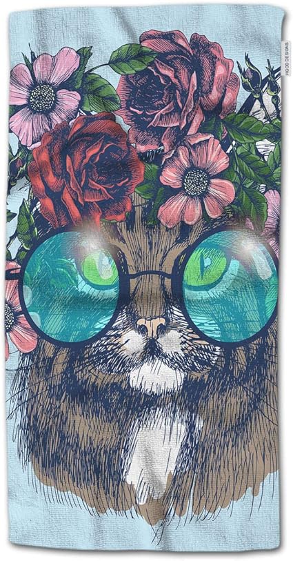 Nhuxayh Serviette De Toilette Chat Dessin Anime Maine Coon Cat Portrait Avec Couronne De Fleurs Et Lunettes De Soleil Rondes Essuie Mains 27 5 X15 7 Amazon Fr Cuisine Maison