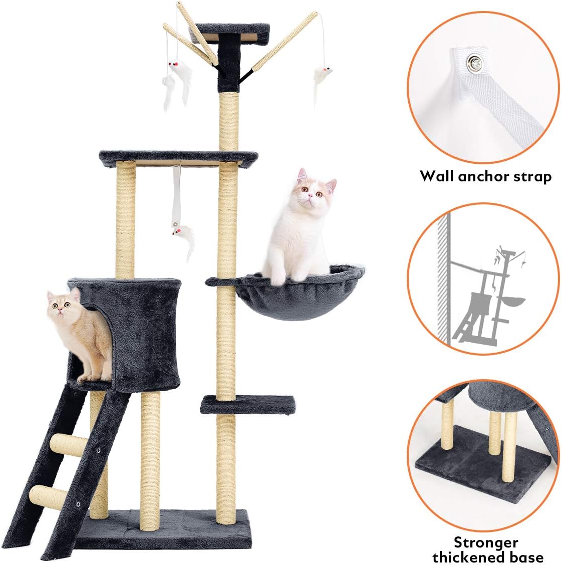 Mellcom Cat Tree Condo with Scratching Posts Perches, Cat Basket Lounger and Ladder, 56" Multi-Level Deluxe Cat Tower Kitten Play House (Grey) : Pet Supplies
