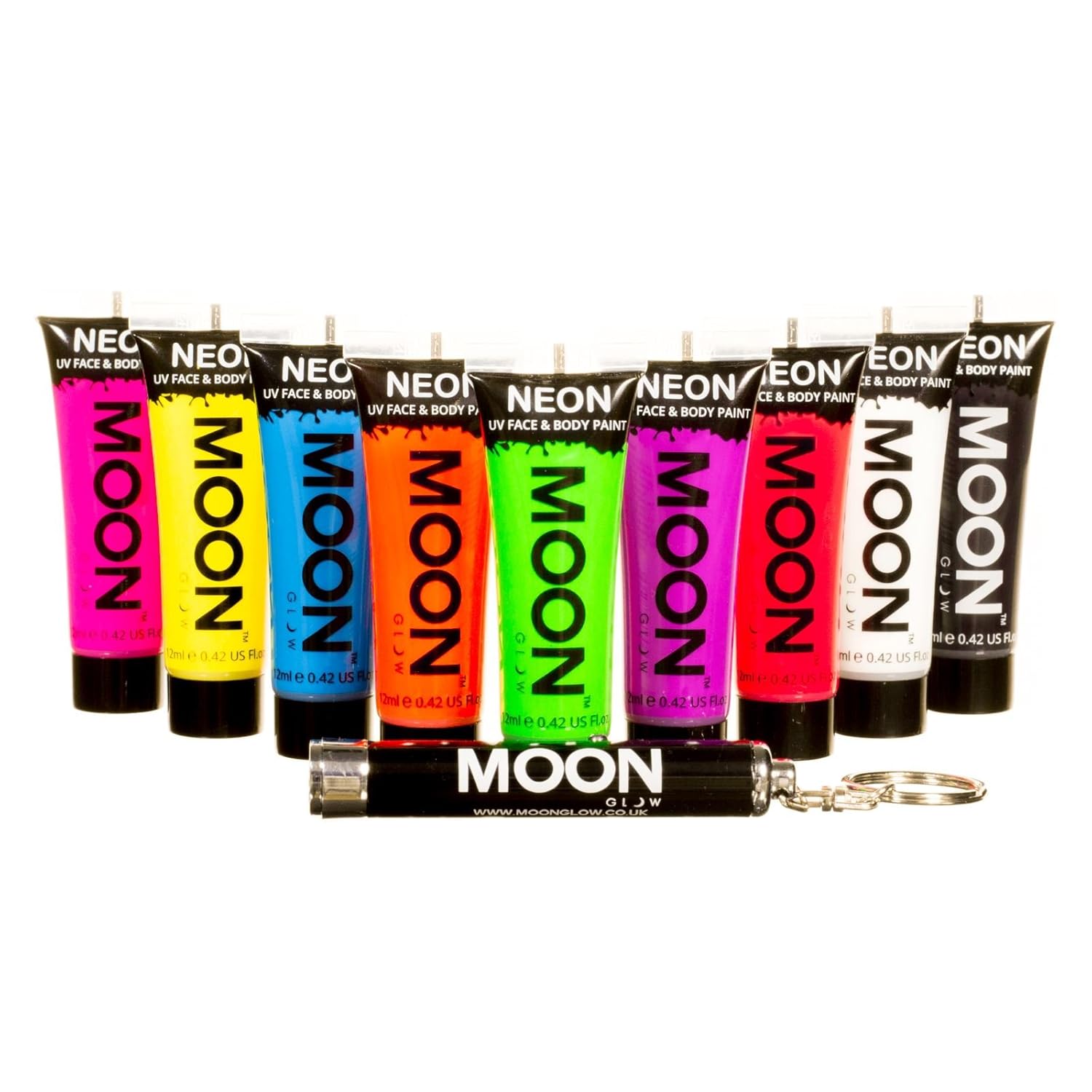 Moon Glow Blacklight Intense Neon UV Face and Body Paint 0.42oz - Set of 9 Tubes - Inc UV Keyring
