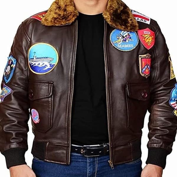 Chaqueta De Cuero Bomber Maverick Top Gun – Hombre, Marrón, Parche Bordado, Estilo Aviador