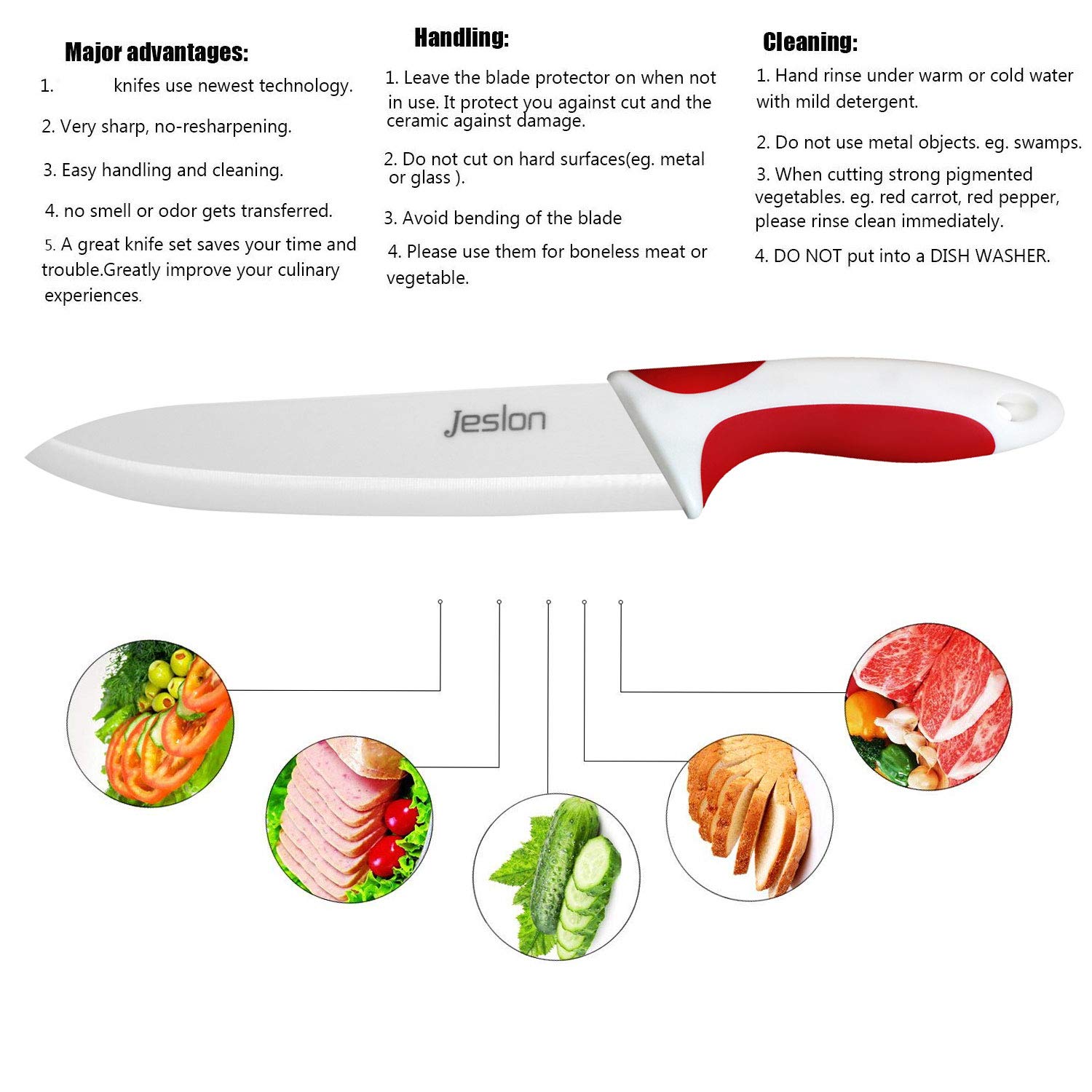 Jeslon Chef Knives Set, 4 Piece Multi Color Ceramic Knives, 3inch Paring Knife, 4inch Fruit Knife, 5inch Utility Knife, 6inch Chef Knife