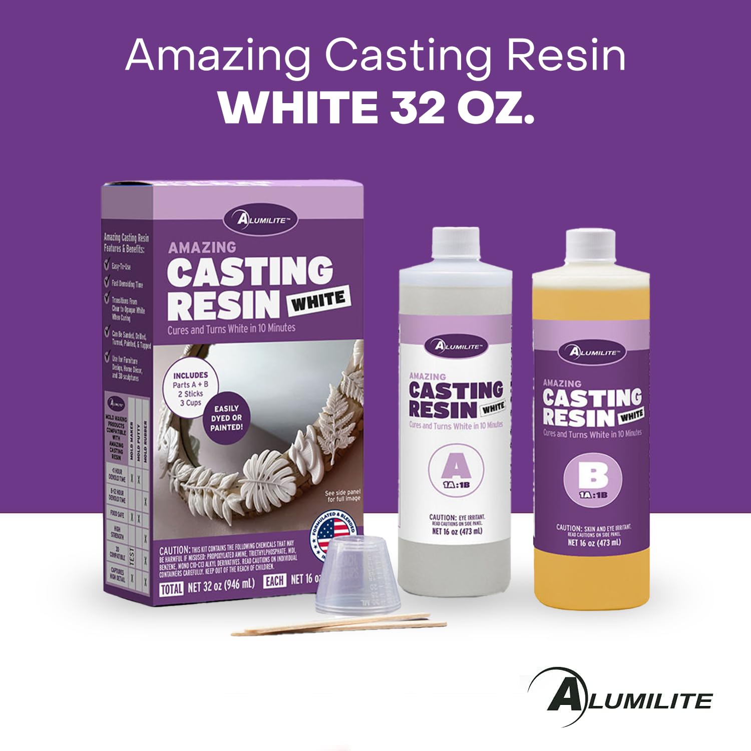 Alumilite Amazing White Casting Resin Kit, 32 oz (16 oz Part A + 16 oz Part B) – Ideal for Pouring Small to Large Durable Pieces, Arts, Crafts, Jewelry, and Decorative Items, 10-Minute Cure Time