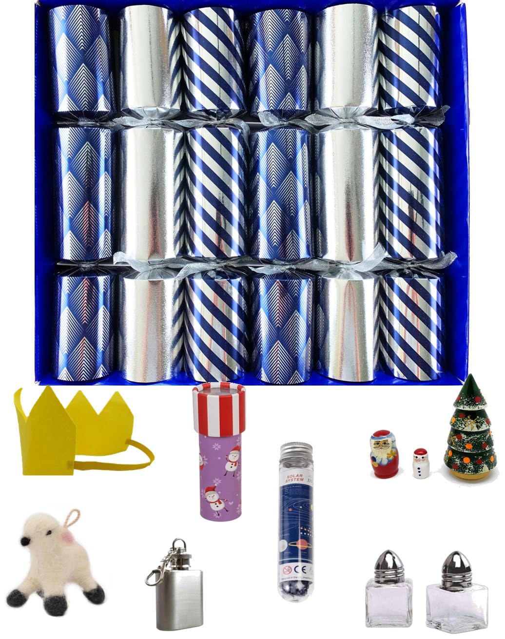 Crackers Ltd Set of 6 Ultimate Large Family Christmas Crackerss in Silver and Blue with Selected Gifts and Reusable Felt Hats