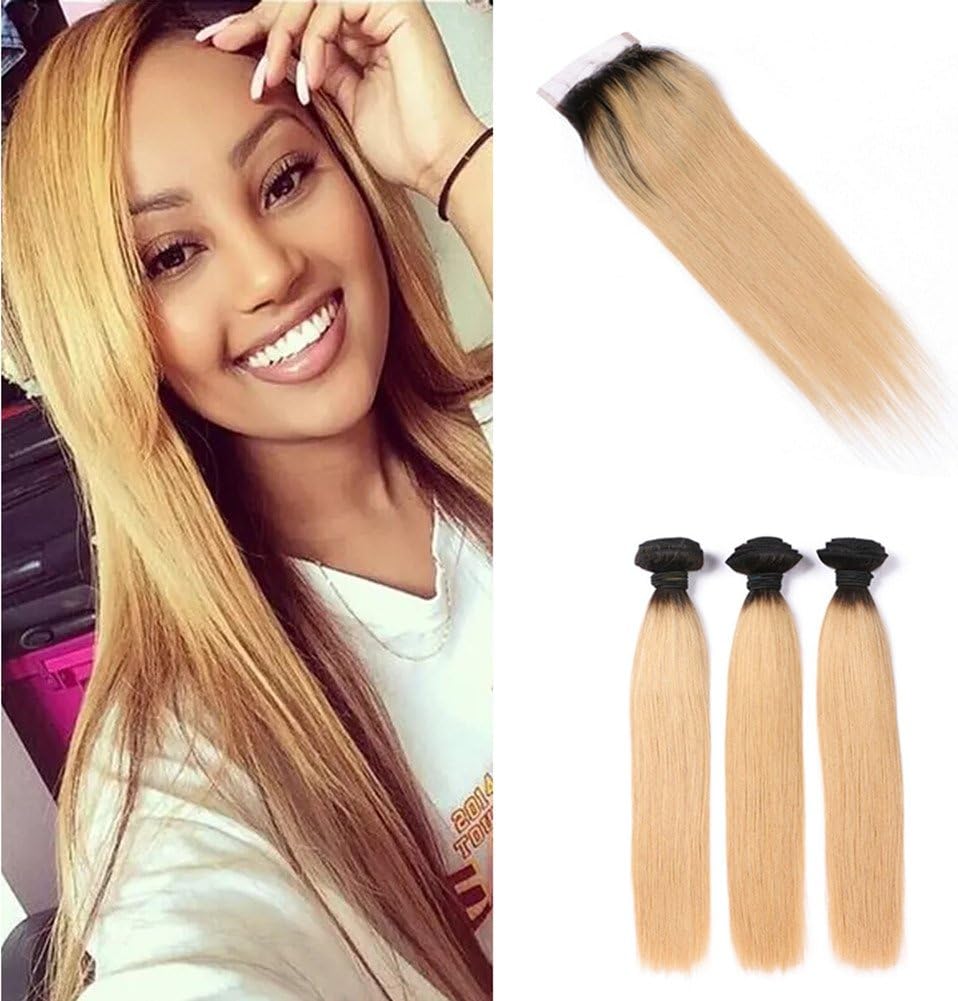 Ruma Hair Two Tone #1B/27 Honey Blonde Dark Roots Ombre Silky Straight Brazilian Virgin Human Hair Weave 3 Bundles With 1Pc Free Part 4x4 Top Lace Closure 4Pcs Lot (20 with 22 24 26)