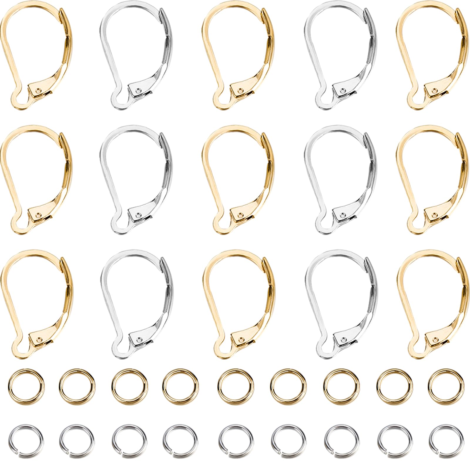 CREATCABIN 120Pcs/Box Leverback French Earring Hooks Earrings Clasps Hoops Interchangeable Dangle Ear Wire Findings Stainless Steel Jump Rings for Jewelry Making DIY Craft Women Silver Gold 16.5x10mm