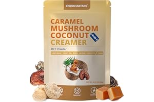 QIN SHAN TANG Mushroom Coffee Creamer, Caramel Creamer, Probiotics, MCT Powder and 6 Mushrooms | Lion's Mane, Turkey Tail, Reishi, Maitake, Chaga, Cordyceps | Boosts Energy, Focus, Supports Immunity | Gluten-Free, Vegan, 6.35 Oz