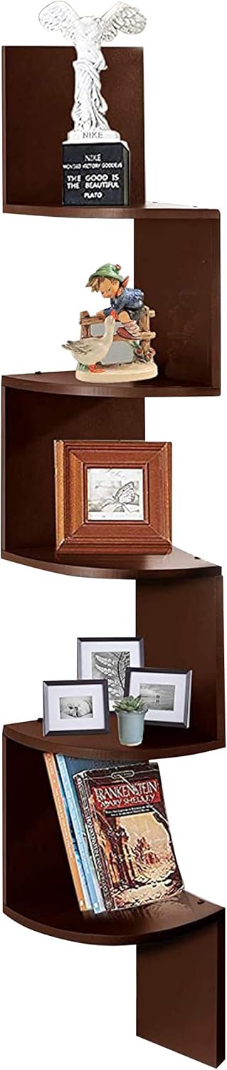 Halter 5 Tier Wall Mount Corner Shelves, Zigzag Decorative Shelf, Space Saving, Durable Easy to Install for Home and Office Space, Espresso