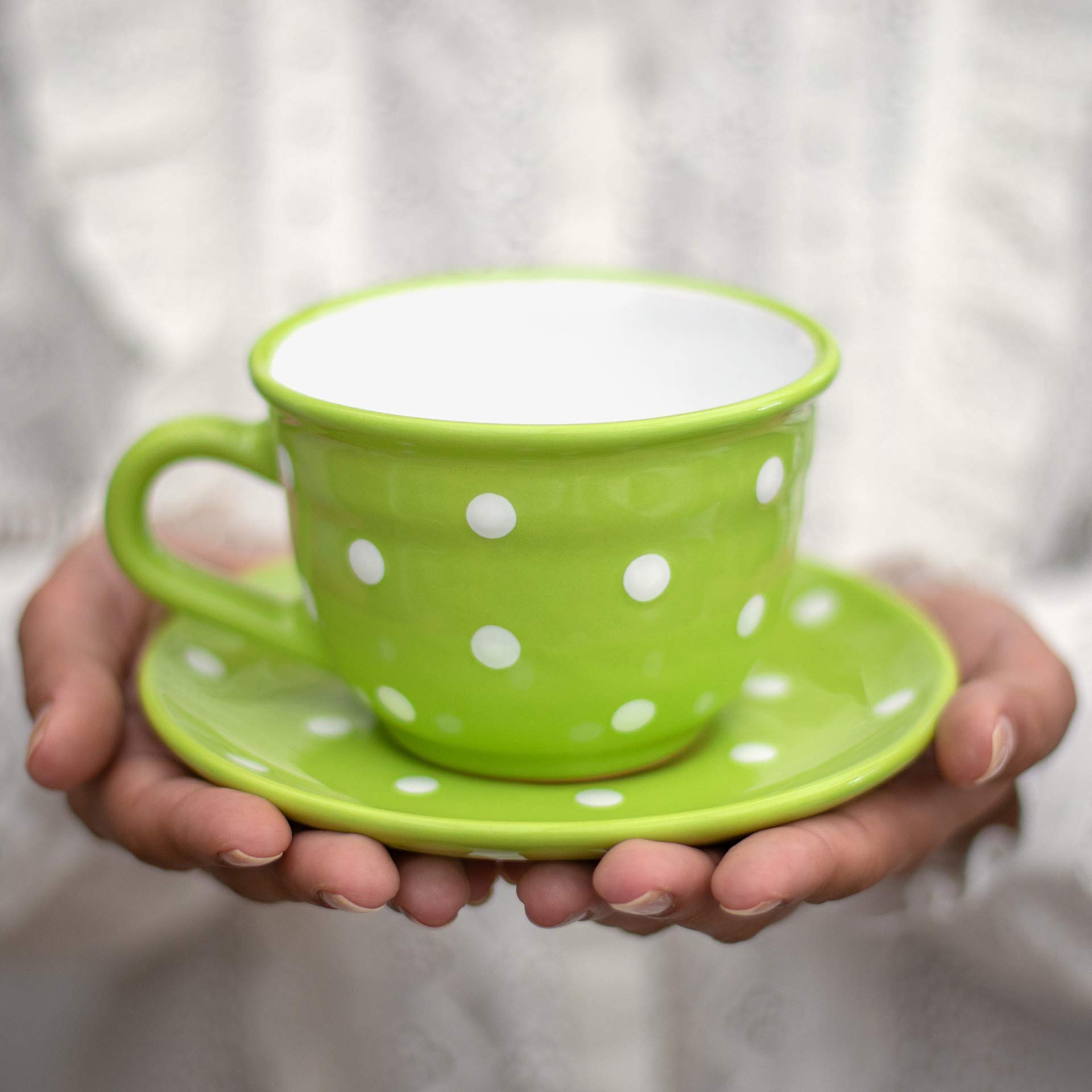 City to Cottage® Lime Green and White | Polka Dot Spotty | Designer Handmade Hand Painted | Large Unique Ceramic 12oz/350ml | Cappuccino Coffee Tea Cup with Saucer | Gift