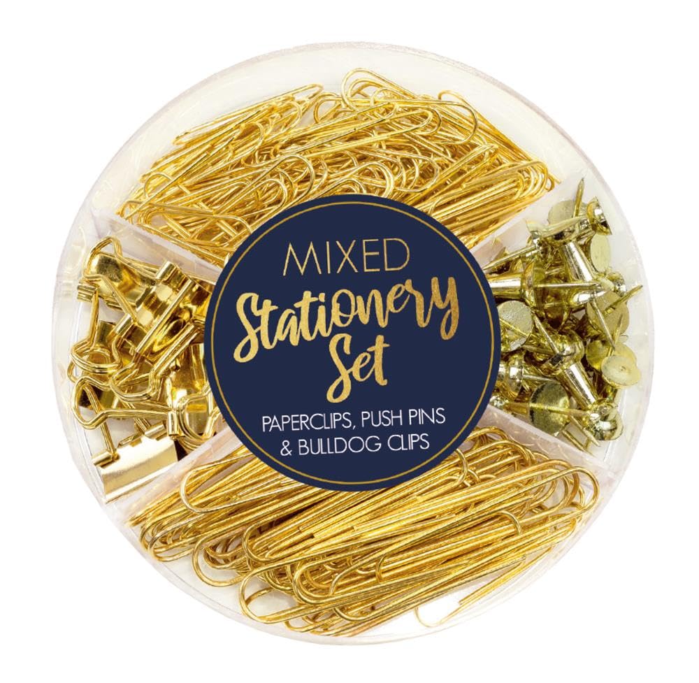 Design Group Mixed Stationery Set - Paperclips, Push Pins & Bulldog Clips - Gold - 1 Set