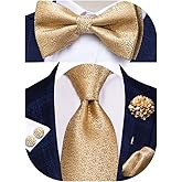 Hi-Tie Mens Tie and Bow tie 5pc Set Silk Necktie Pretied/Selftie Bow Tie Handky Cufflinks Tie Clip or Lapel Pin Set Tuxedo