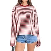 LOMON Striped Long Sleeve Shirt Women Y2k Oversized Crewneck Fall Spring Drop Shoulder Vintage Tops Teen Girl Clothes