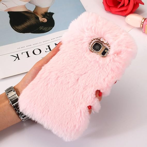 Sycode Galaxy S7 Edge Plüsch Hülle,Galaxy S7 Edge Pelzig Flauschige Hase Cover,Pelzigen Kaninchen Bunny Pelz Flauschigen Weichen Case Schutzhülle Dünne Schale für Samsung Galaxy S7 Edge-Rosa