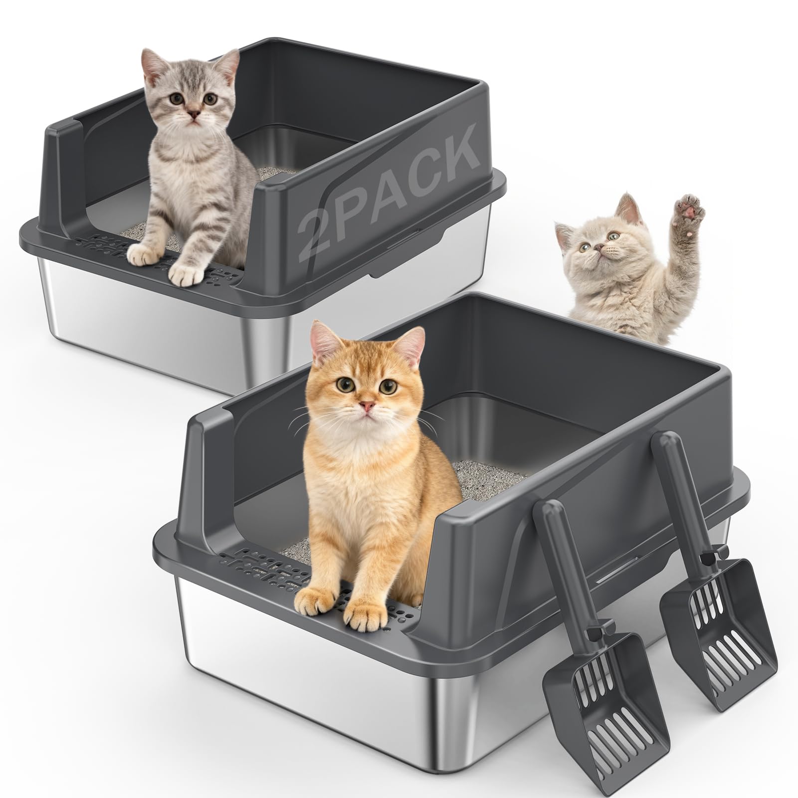 Photo 1 of 2PACK Stainless Steel Cat Litter Box with Lid, High-Sided Metal Litter Pan for Small Cats, Kitty Litter Box, Non-Stick & Odor-Resistant, Anti-Urine Leakage, Easy to Clean, Scoop Included