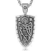 VENICEBEE® Archangel St. Michael Saint Medal Pendant Protection Cross Sword Shield Christian Sacramental Necklace Solid 925 Sterling Silver + Black Velvet Pouch, Polishing Cloth, Fine Gift Box