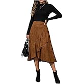 SweatyRocks Women's High Waisted Skirts Asymmetrical Ruffle Flowy Business Casual Work Midi Skirt Bronze X-Large