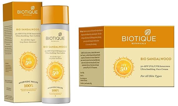 Biotique Bio Sandalwood Sunscreen Ultra Soothing Face Lotion, SPF 50+, 120ml and Biotique Bio Sandalwood Face & Body Sun Cream Spf 50 Uva/Uvb Sunscreen For All Skin Types In The Sun
