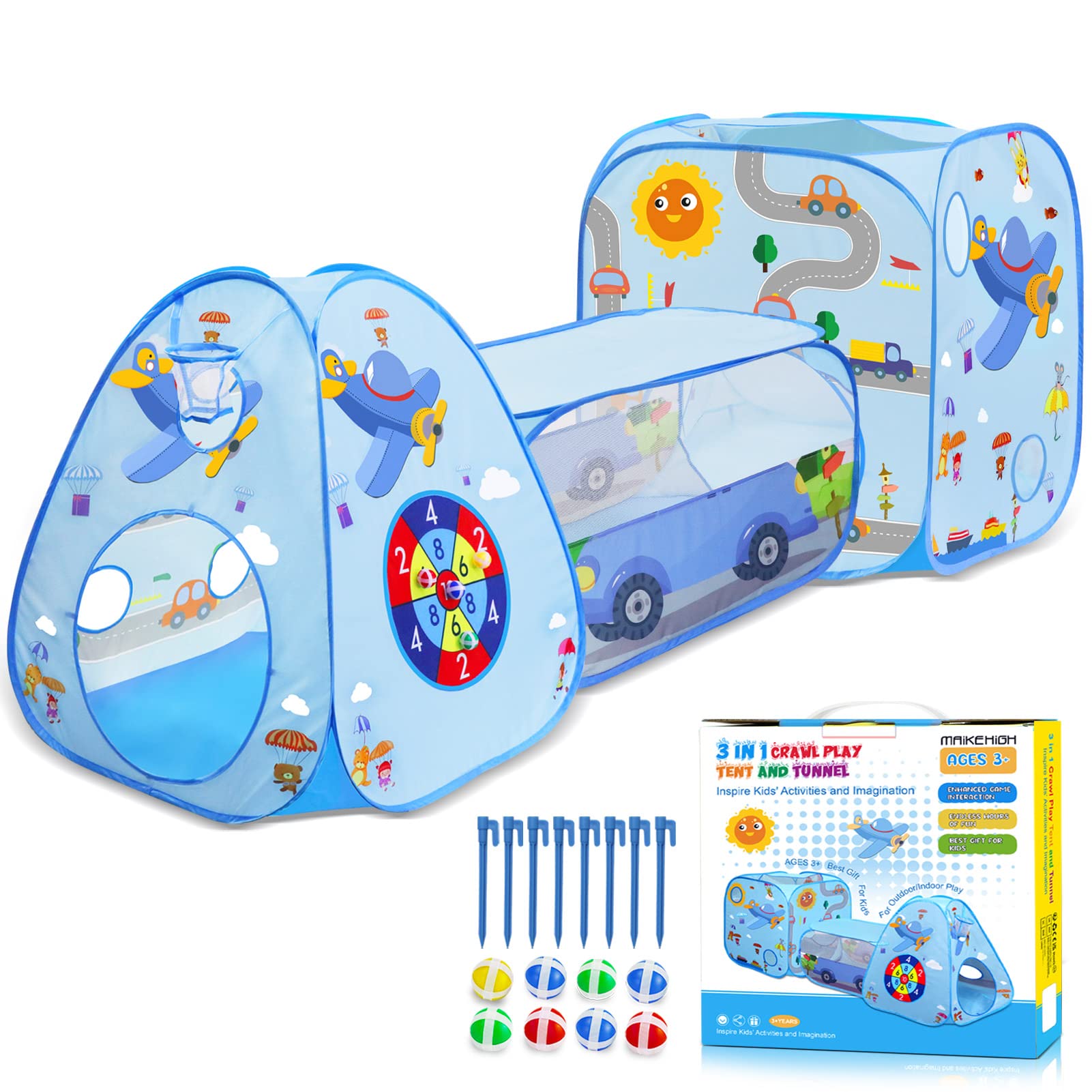 MAIKEHIGH Kids Play Tent and Tunnel, 3 in 1 Pop Up Play Tent Ball Pit for Toddlers Indoor Outdoor Playhouse with Crawl Tunnel Toy Gift for Children Baby Girls Boys