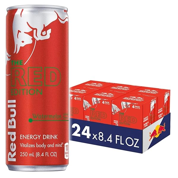 RED BULL RED EDITION ENERGY DRINK, WATERMELON, WITH 80MG CAFFEINE PLUS TAURINE & B VITAMINS, 8.4 FL OZ, 6 PACKS OF 4 CANS (PACK OF 24)
