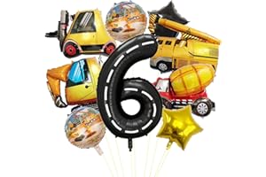 Construction Vehicle Number 6 Balloon Bouquet Set (1-9 Variants) - Excavator & Truck Foil Balloons for 6 Year Old Boy Birthda